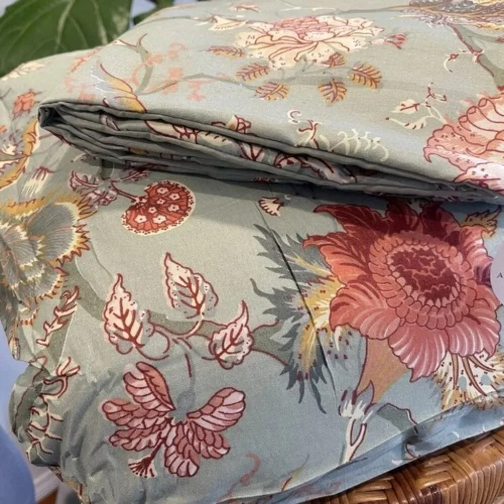 NEW Anthro Green Floral Queen / King Size Boho Retro Duvet Bedding Sham Case Set